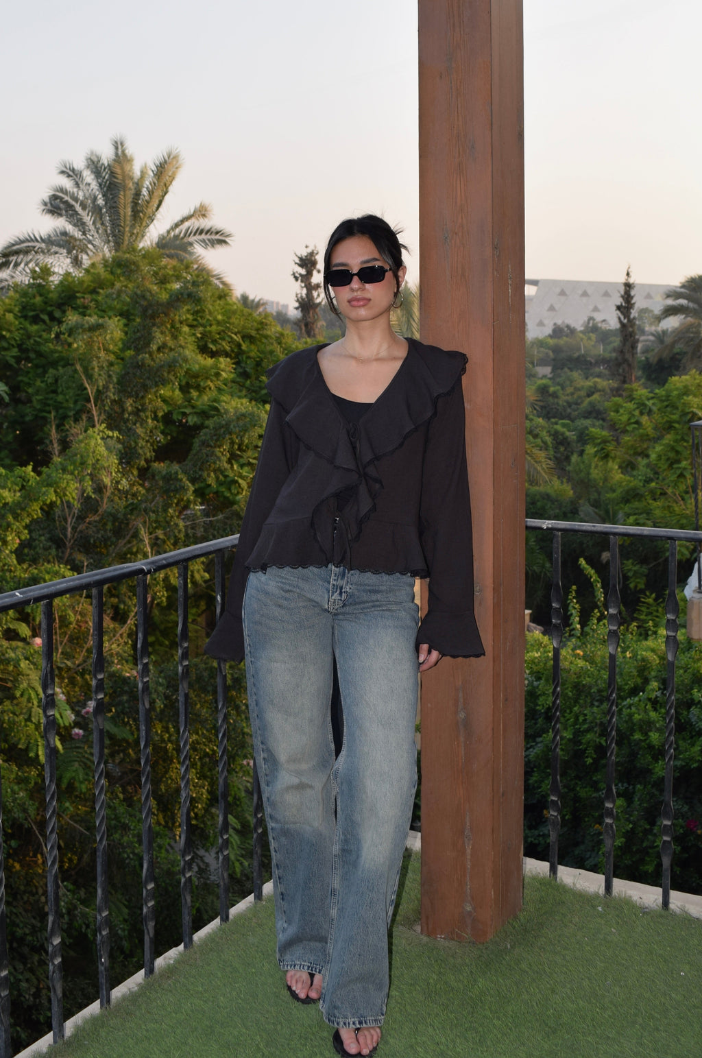 The Ruffle Linen Blouse in Charcoal Black