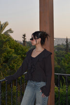 The Ruffle Linen Blouse in Charcoal Black