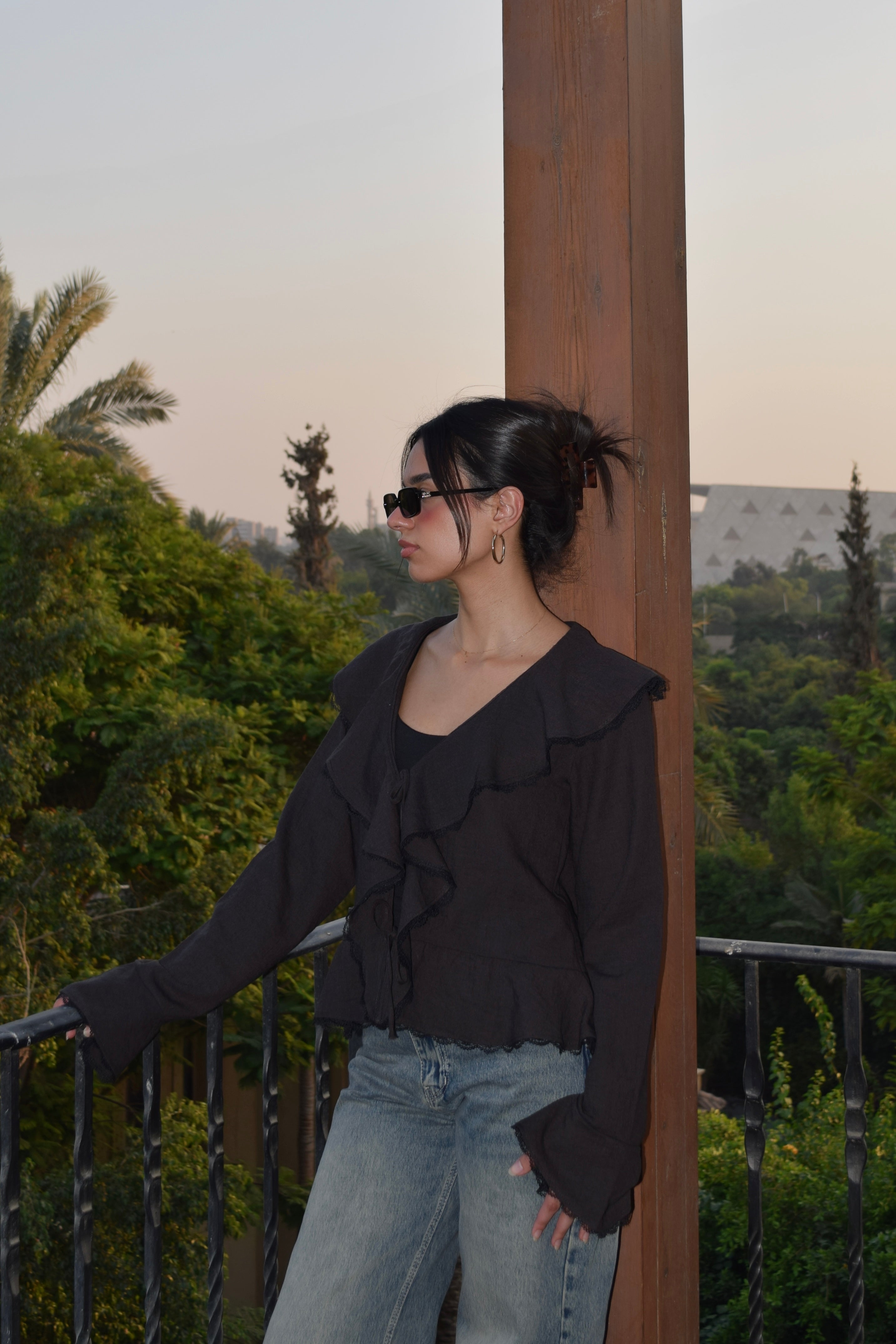 The Ruffle Linen Blouse in Charcoal Black