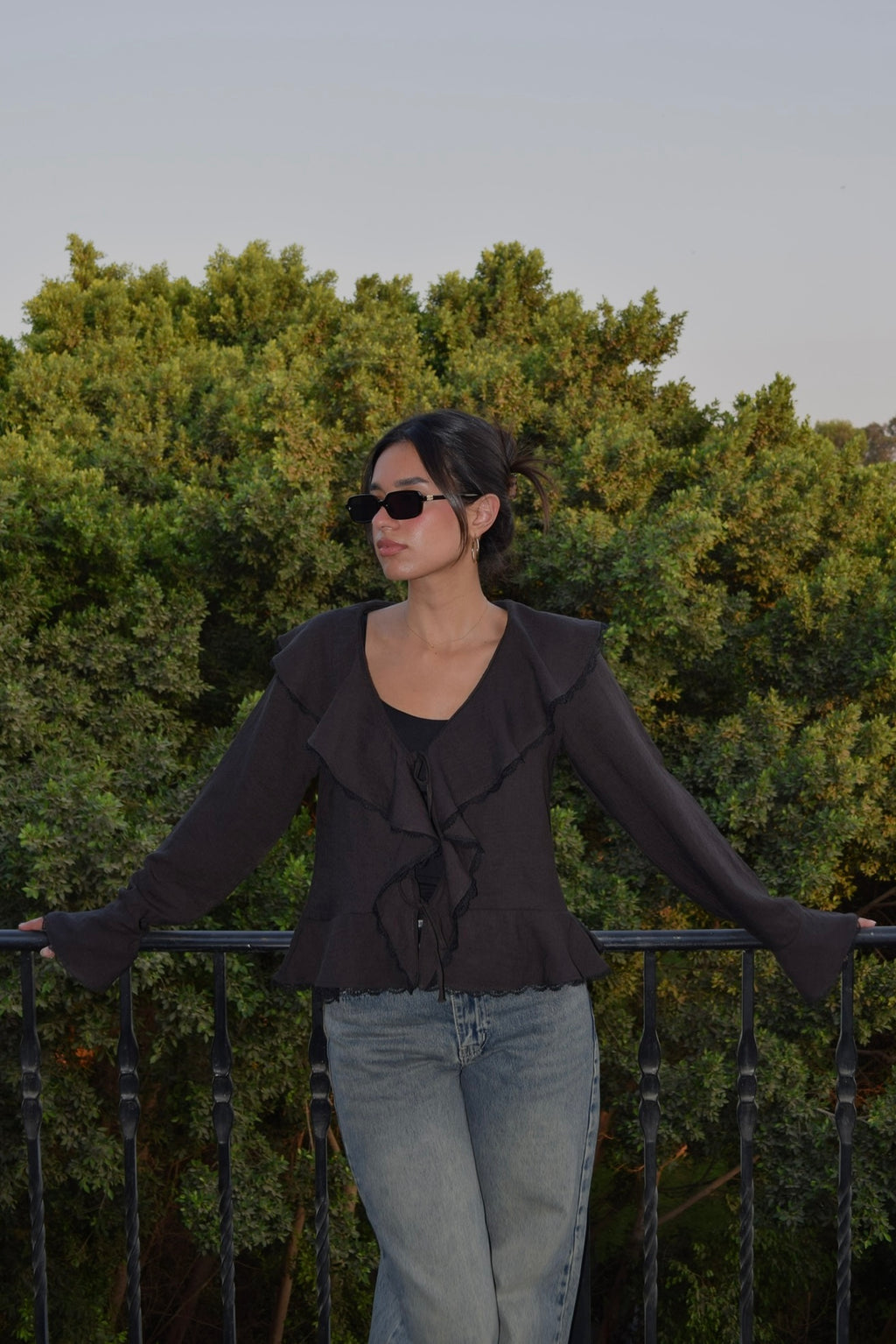 The Ruffle Linen Blouse in Charcoal Black