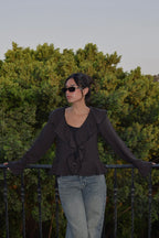 The Ruffle Linen Blouse in Charcoal Black