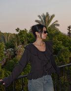 The Ruffle Linen Blouse in Charcoal Black