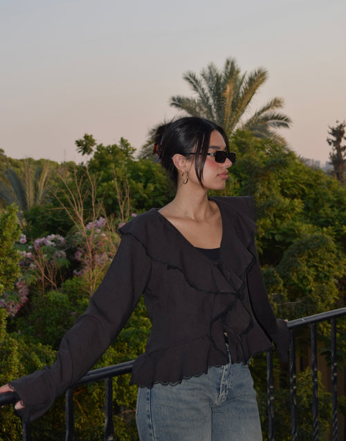 The Ruffle Linen Blouse in Charcoal Black