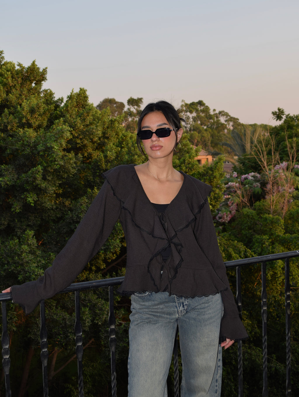 The Ruffle Linen Blouse in Charcoal Black
